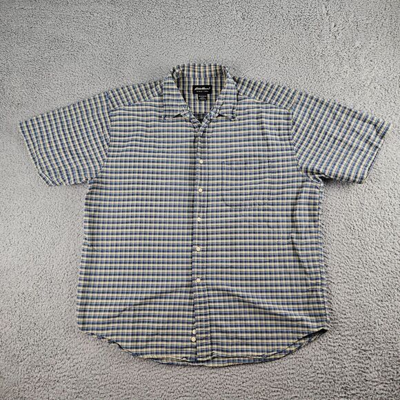 Eddie Bauer Shirt‎ Mens XL Blue Beige Plaid Short Sleeve Button Up - Picture 1 of 9